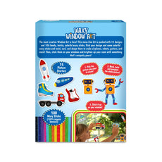 Waxy window art kit displaying colorful car and dinosaur designs for kids ages 5-12