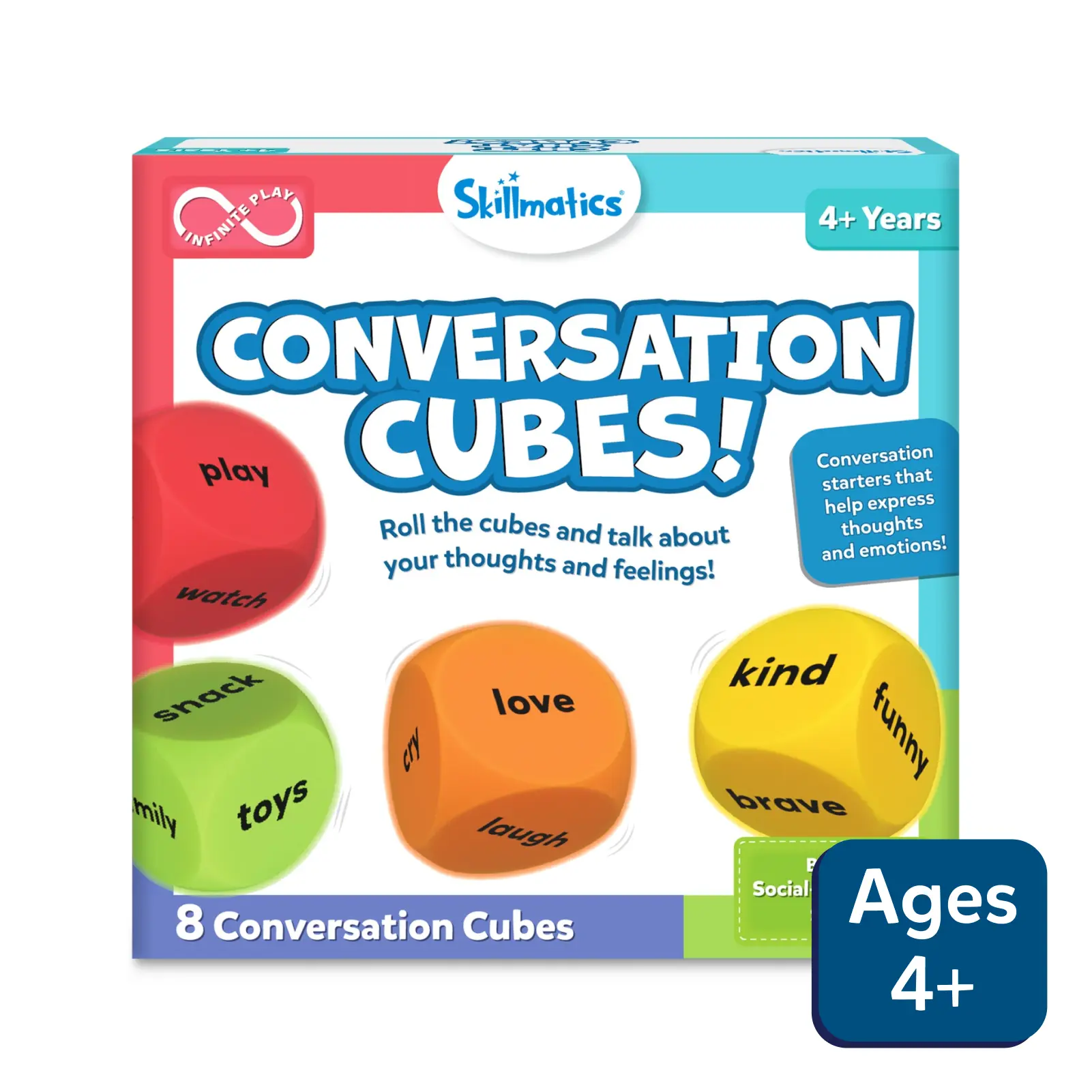 Skillmatics Conversation Cubes packaging with colorful dice and text on a white background
