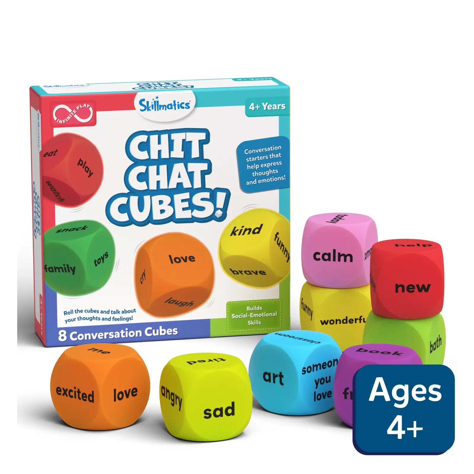 Skillmatics Chit Chat Cubes packaging with colorful dice and text on a white background