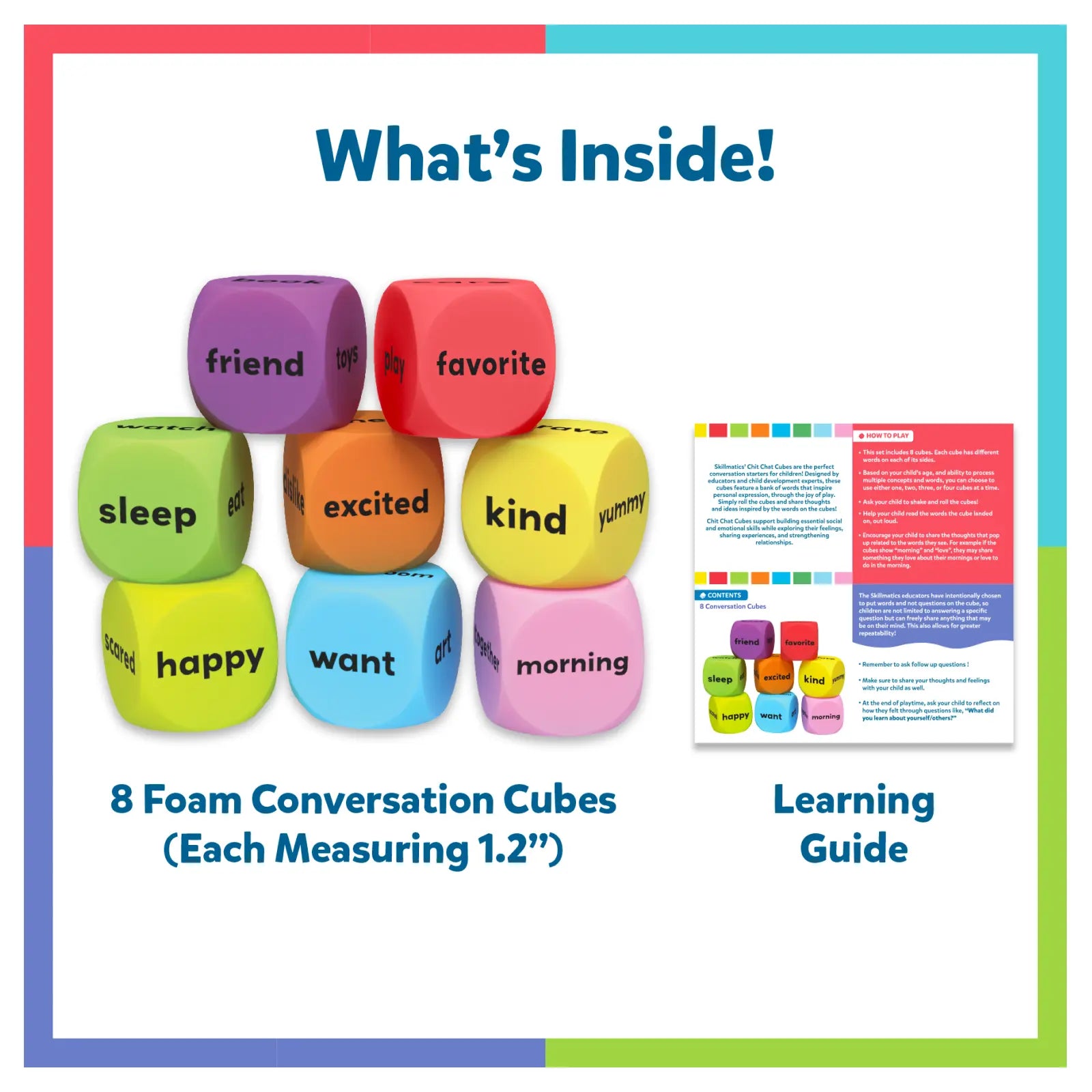 Colorful foam conversation cubes with labels and a learning guide on a white background