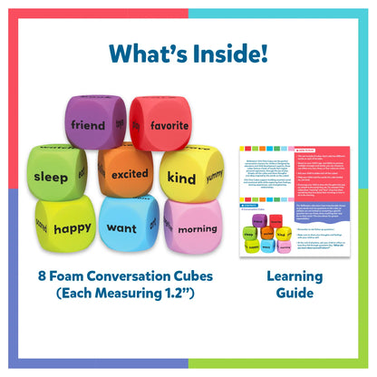 Colorful foam conversation cubes with labels and a learning guide on a white background