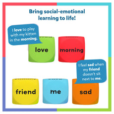 Colorful blocks with social-emotional language phrases on a white background