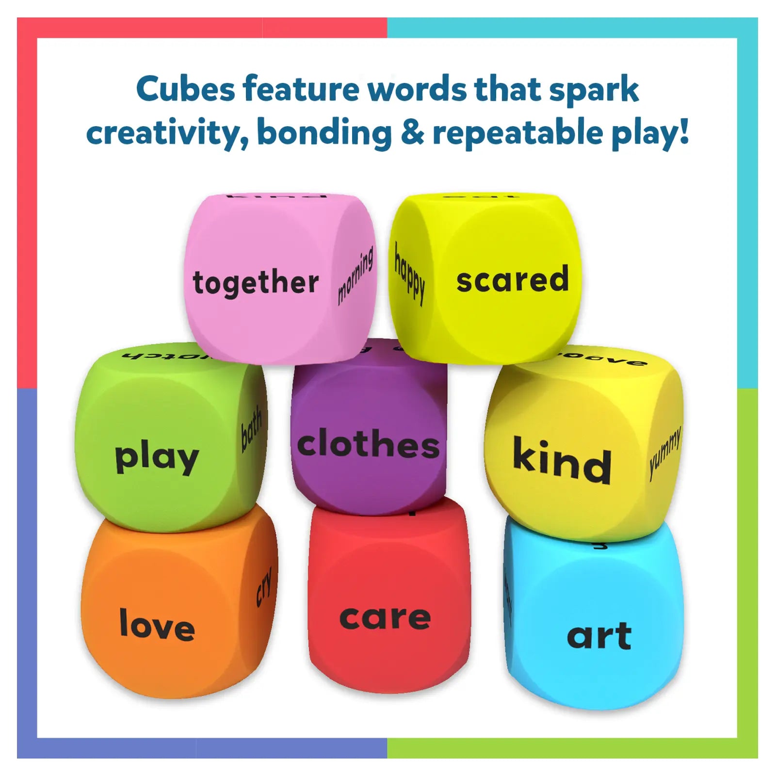 Colorful dice with words on a colorful border
