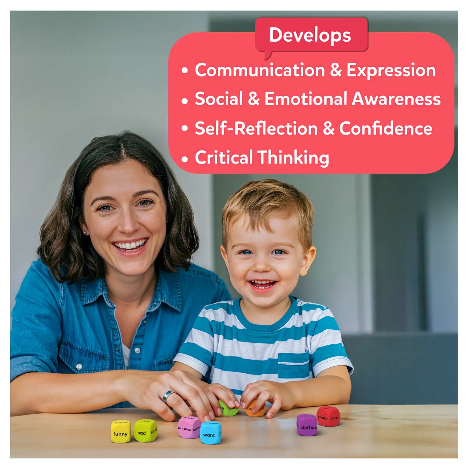 Woman and child playing with colorful blocks, with text about developmental benefits on a pink background.