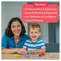 Woman and child playing with colorful blocks, with text about developmental benefits on a pink background.
