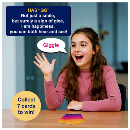 Girl playing card game Dare to Ding with cards on a table