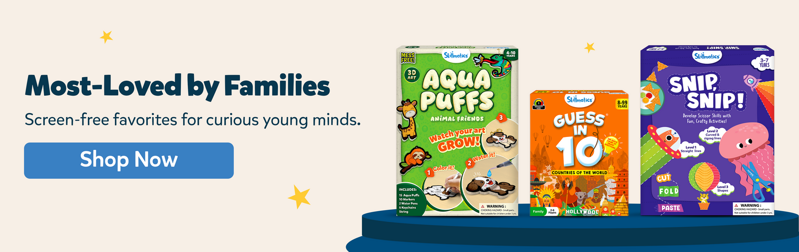 “Most-Loved by Families” banner featuring Skillmatics screen-free learning toys on a yellow platform, with the message “Screen-free favorites for curious young minds” and a “Shop Now” button.