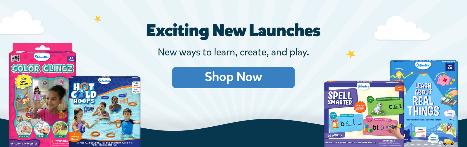 Skillmatics “Exciting New Launches” banner showcasing new screen-free learning toys, with the message “New ways to learn, create, and play” and a “Shop Now” button.