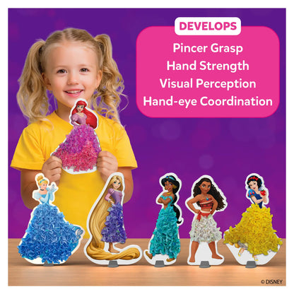 Smiling young girl holding Disney Princess craft from Poke-in Art Mess-Free Art for Kids