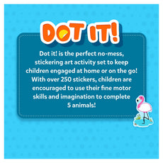 Promotional text for 'Dot It!' activity set with a flamingo sticker on a blue background