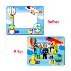 Children’s travel-themed photo frame from Dot it! No mess sticker art for ages 3-7