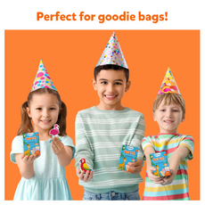 Three children wearing colorful party hats enjoying a celebration with Dot it animal party favors
