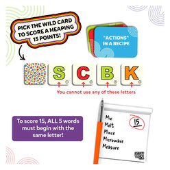 First to 5 game components for quick category game with a twist ages 8+