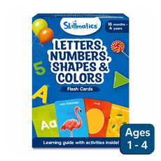 Skillmatics flash cards for toddlers showing Letters Numbers Shapes and Colors for ages 1-4