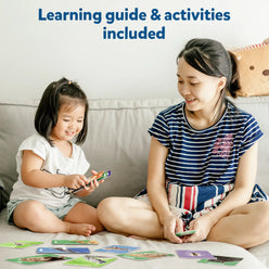Mother and child playing with first 100 animals flash cards for toddlers aged 1-4