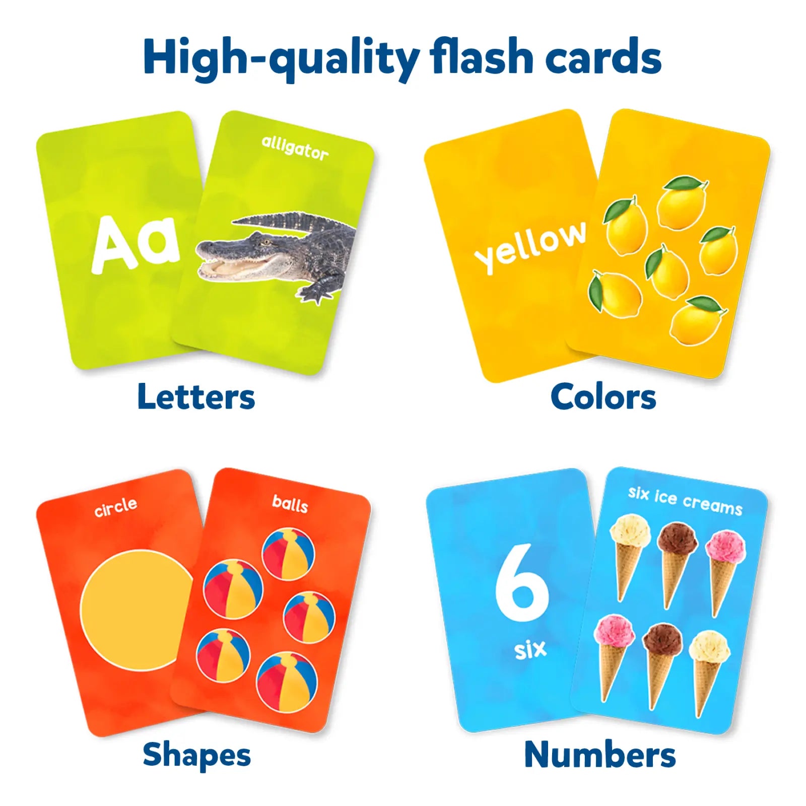 Educational flashcards for toddlers featuring letters numbers shapes and colors