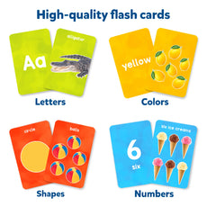 Educational flashcards for toddlers featuring letters numbers shapes and colors