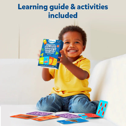 Educational learning cards for toddlers featuring letters numbers shapes and colors