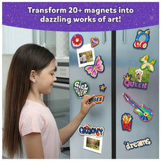 Decorated refrigerator magnets from Foil Fun Girl Power Magnetic Art Kit for ages 7-13