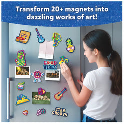 Refrigerator decorated with colorful magnets from Foil Fun Groovy Beats Magnetic Art Kit