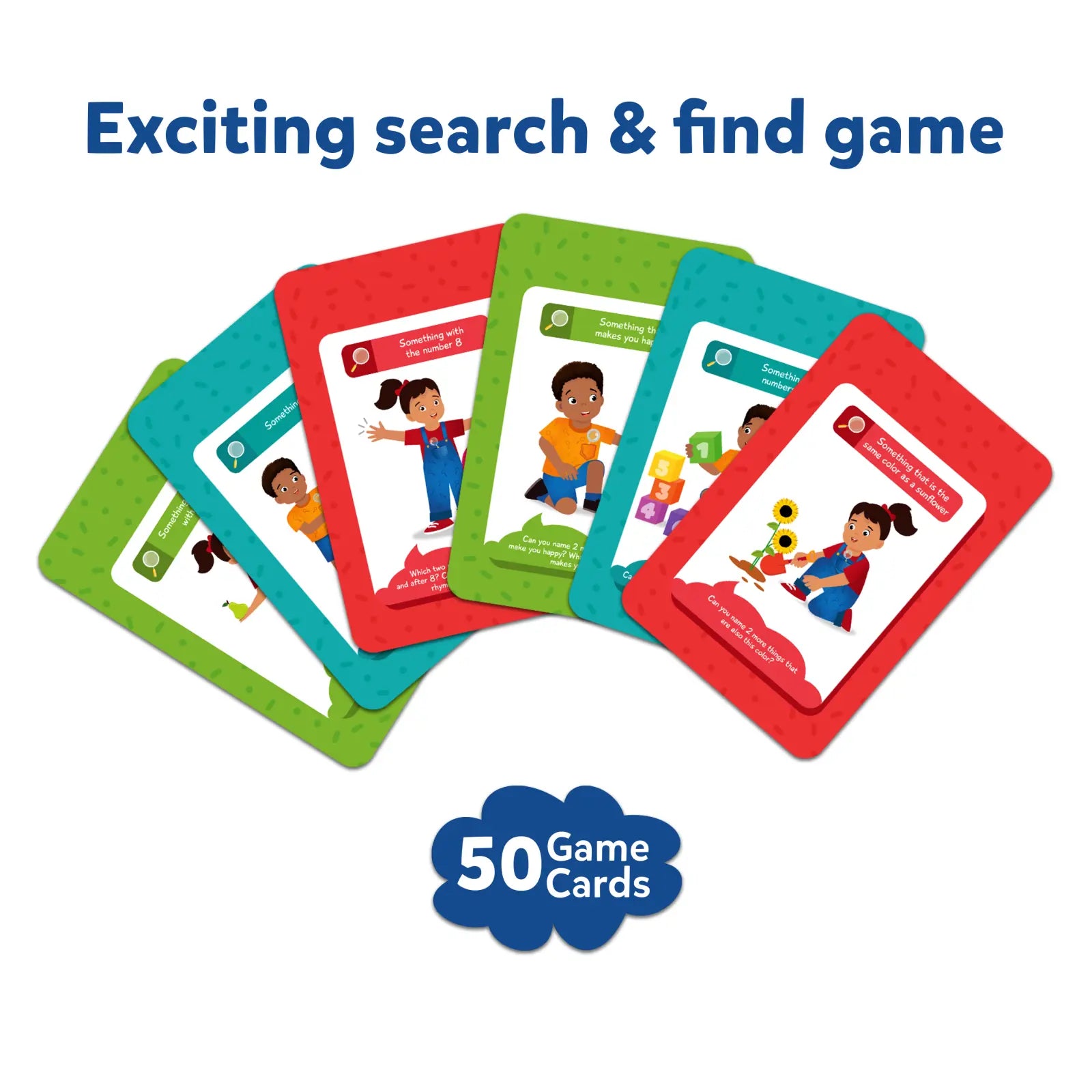 Colorful search-and-find game cards from Guess in 10 Junior & Found it Classroom