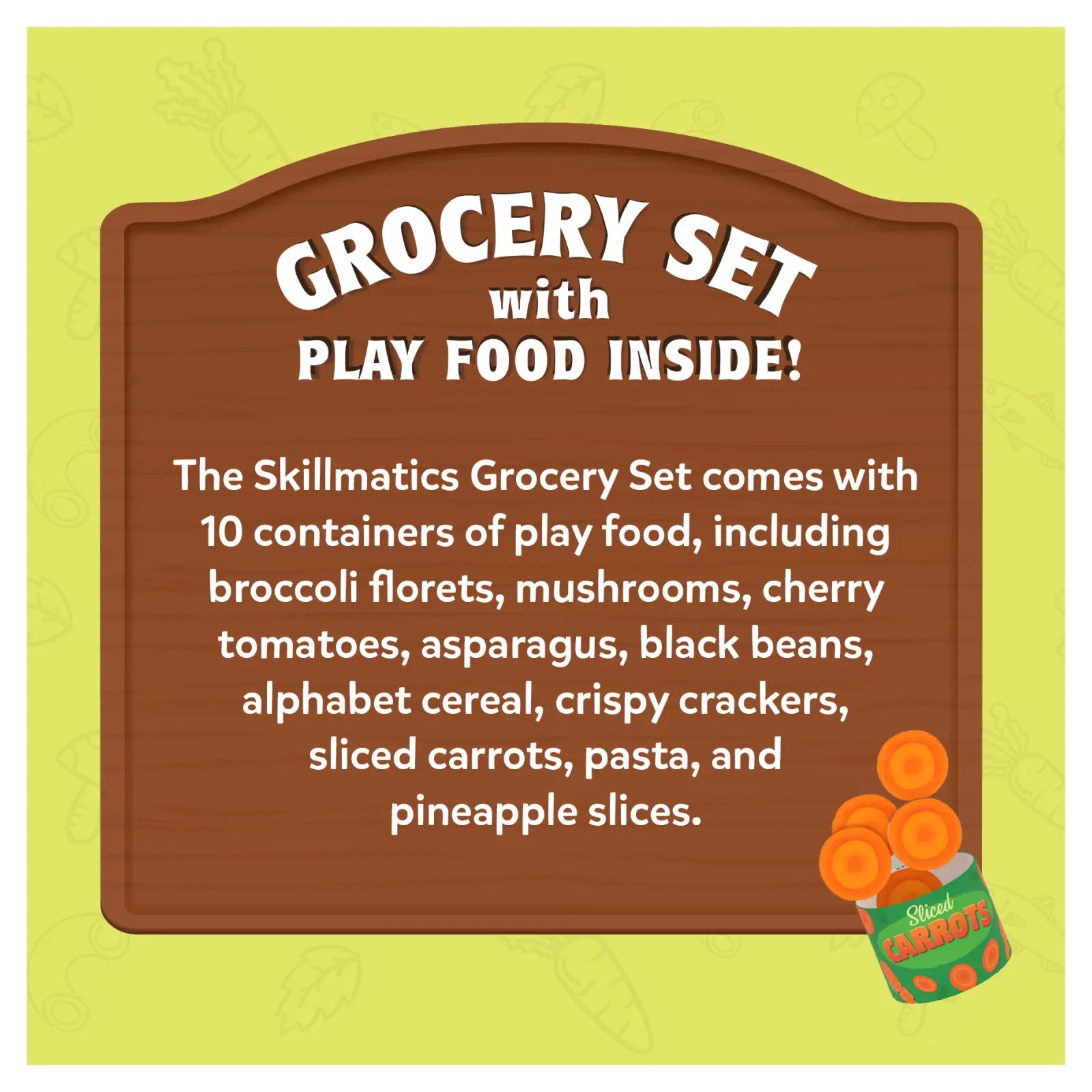 Grocery set advertisement for Pretend Play Food Set suitable for ages 3 to 7
