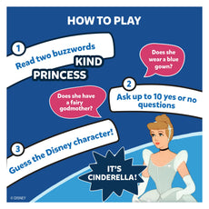 Disney character guessing game instructions from Guess in 10 Disney Trivia card game for ages 6+