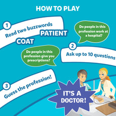 Game instructions for guessing a profession in Guess in 10 Inspiring Professions Trivia Card Game