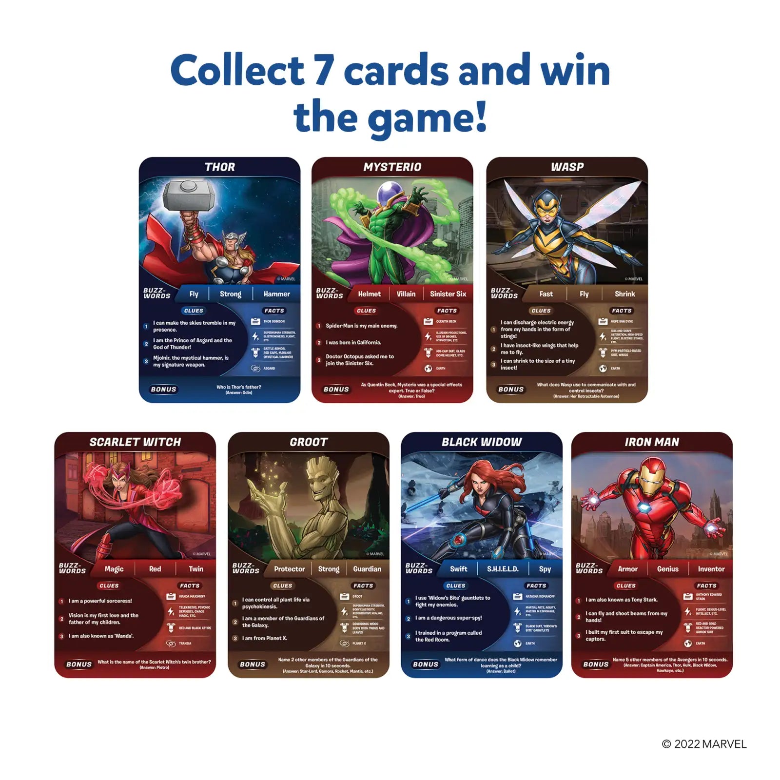 Marvel character cards from Guess in 10 Marvel trivia card game for ages 8 and up