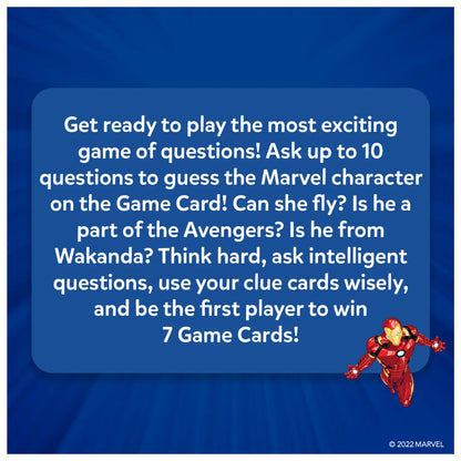 Marvel guessing game advertisement for Guess in 10 Marvel trivia card game ages 8+