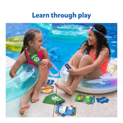 Two girls playing Guess in 10 Splash waterproof trivia card game outdoors