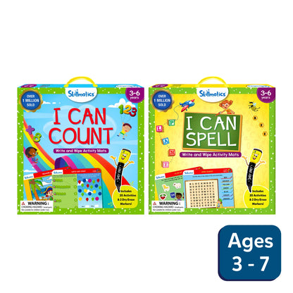 Two Skillmatics activity mat sets for counting and spelling with colorful designs on a white background.