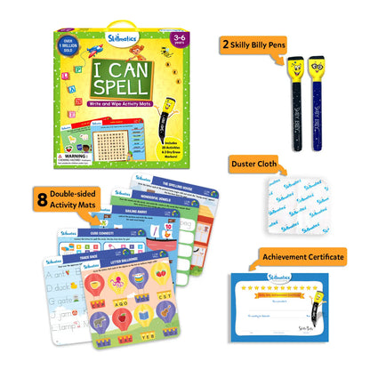 Educational materials including a book, pens, activity mats, and a duster cloth on a white background.