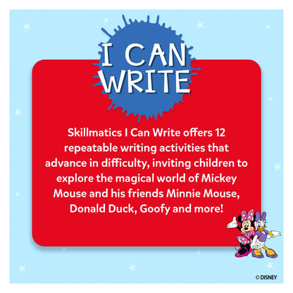 Product packaging for Skillmatics I Can Write with Mickey Mouse and Minnie Mouse on a blue background