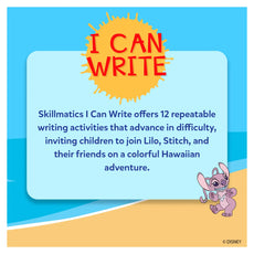 Promotional graphic for Skillmatics I Can Write product with Lilo and Stitch on a beach background