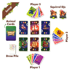 Jungle Party card game setup with colorful cards and jungle-themed accessories