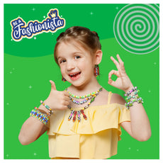 Smiling girl wearing colorful jewelry from Roll-up Beads Jungle Party DIY Jewelry Kit