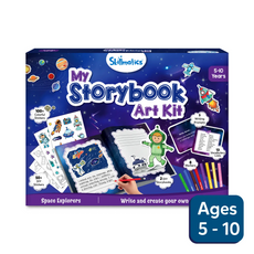Space-themed storybook art kit for kids ages 5-10 featuring galaxy illustrations and storytelling tools
