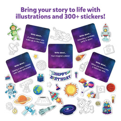 Space-themed story-writing kit with planets stars and rockets for young explorers