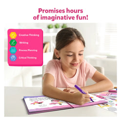 Girl drawing in a pink-themed activity book from My Storybook Art Kit Unicorns & Princesses