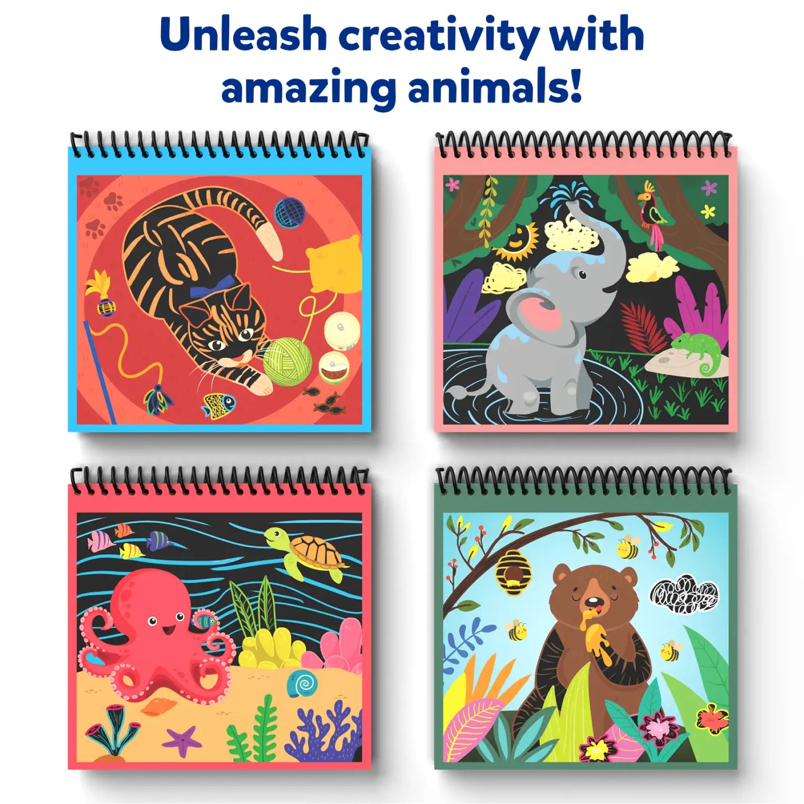 Four animal-themed sketchbooks for kids in Magical Scratch Art Amazing Animals set