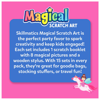 Promotional text for Skillmatics Magical Scratch Art on a pink background