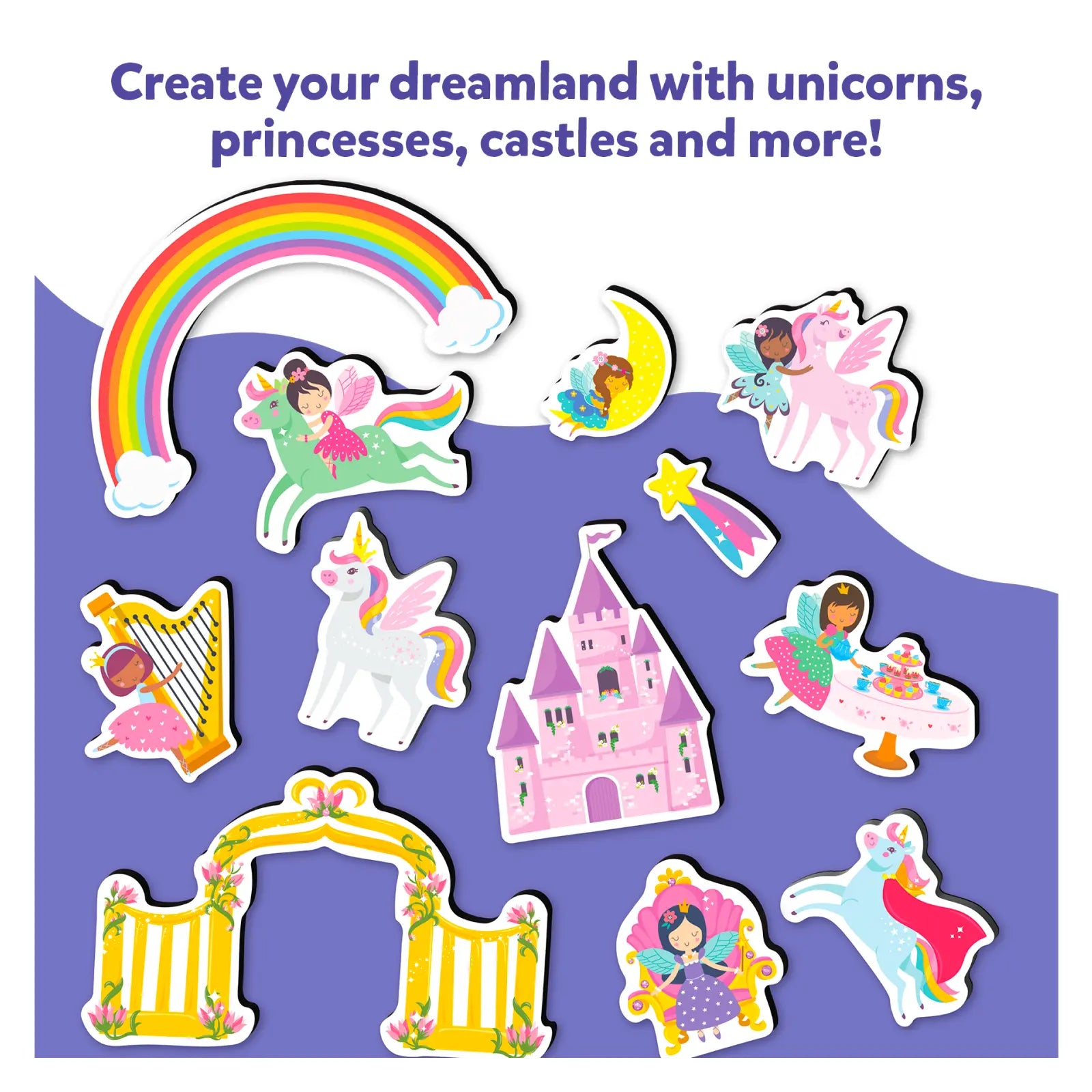 Children's stickers with unicorns, princesses, castles, and a rainbow on a purple background.