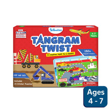 Tangram Twist sticker puzzle box for ages 4-7 featuring colorful geometric shapes