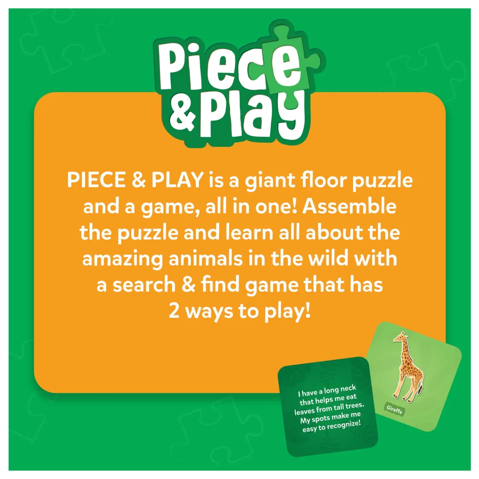 Advertisement for Piece & Play product with green and orange background