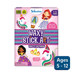 Skillmatics Waxy Stick Art packaging with colorful illustrations and text on a white background