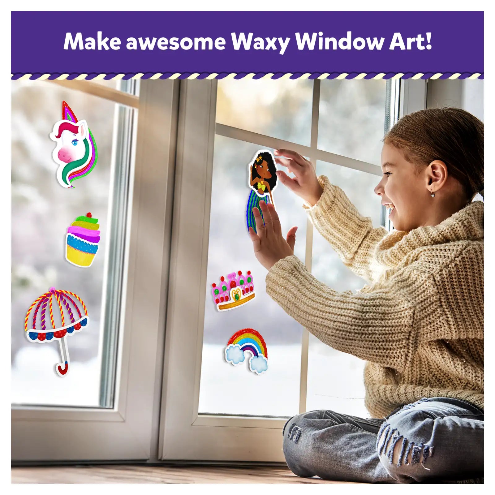 Colorful waxy window art displaying vibrant pretty pictures for DIY craft kit