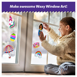Colorful waxy window art displaying vibrant pretty pictures for DIY craft kit