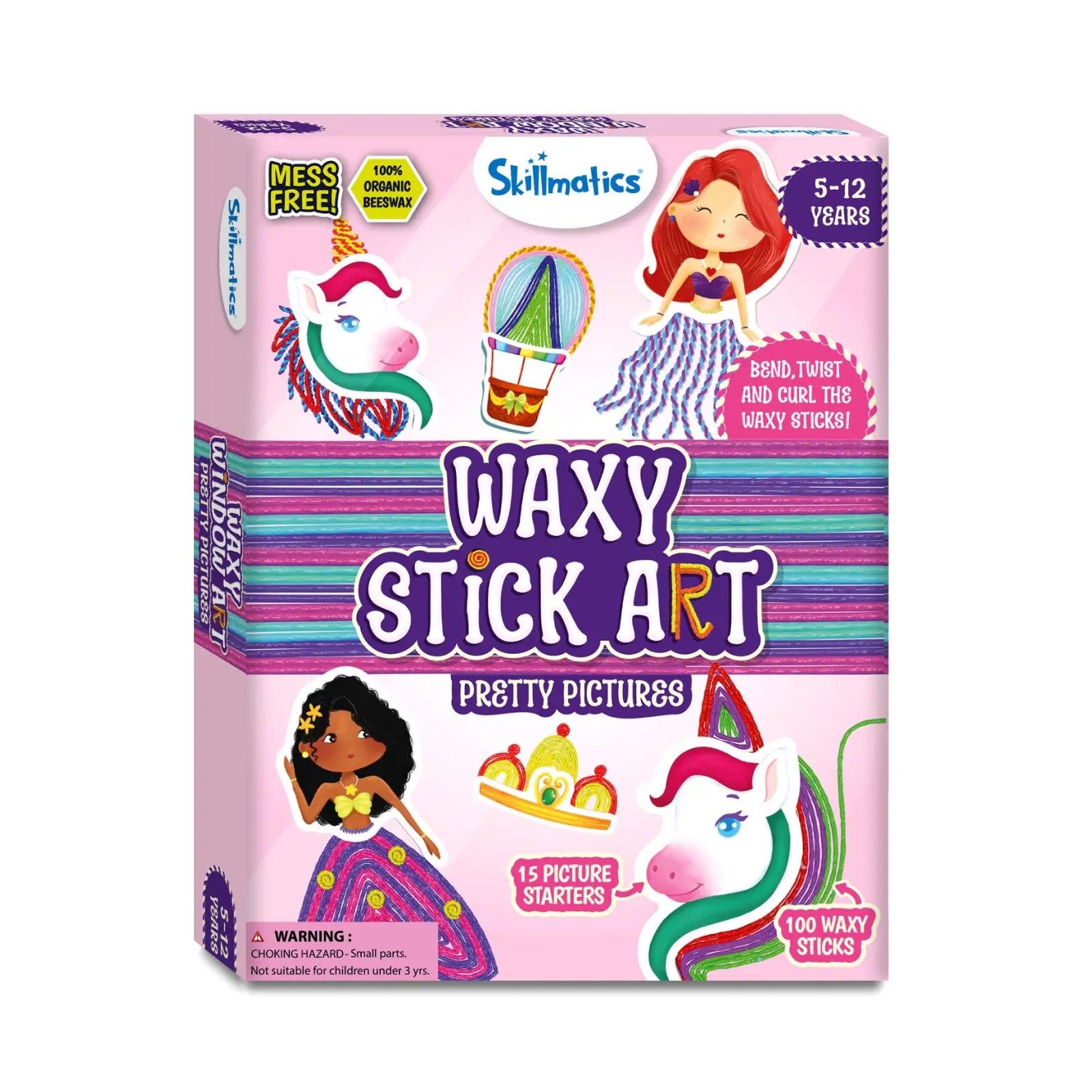 Skillmatics Waxy Stick Art packaging with illustrations and text on a white background