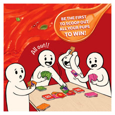 Cartoon illustration of a card game for Pups in a Soup fast-paced card game